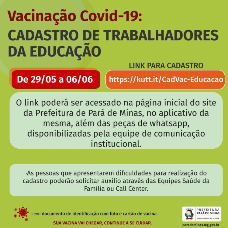 Prefeitura inicia cadastro de trabalhadores da educação que vão ser vacinados contra a Covid-19