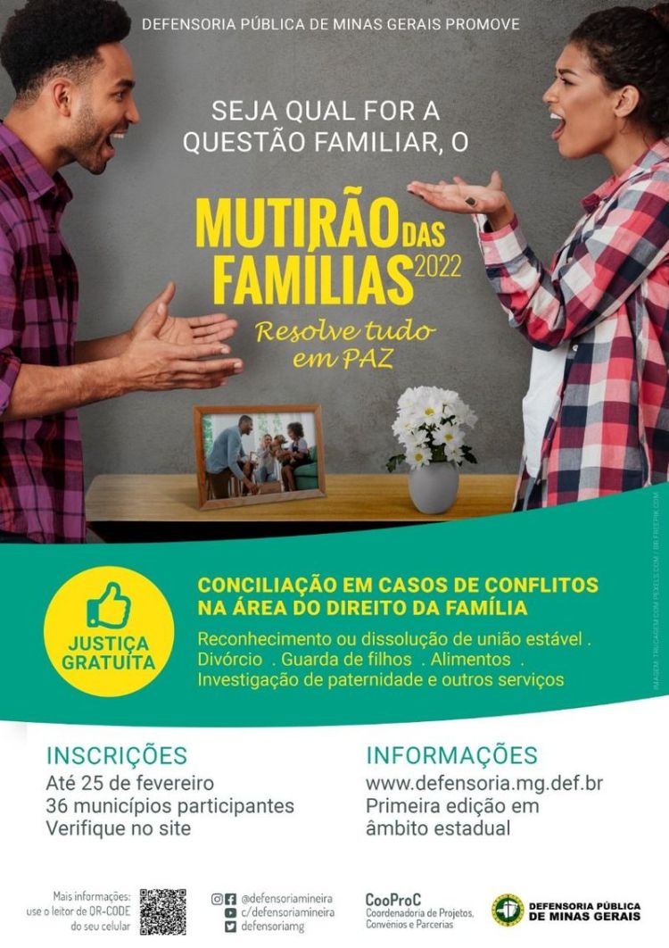 Defensoria Pública de Minas Gerais segue com as inscrições abertas para o Mutirão das Famílias 2022