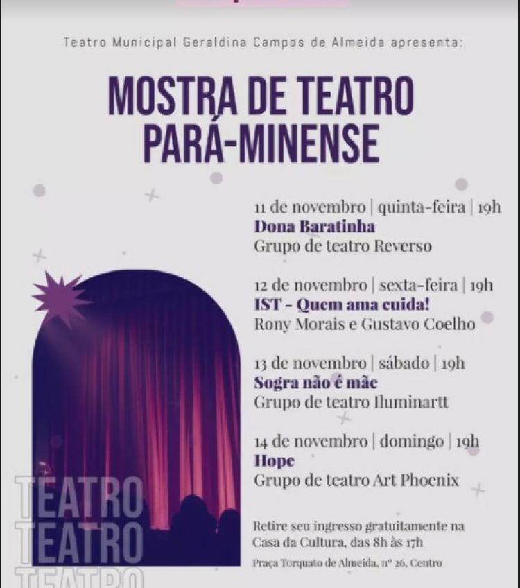 Mostra de Teatro Pará-Minense começa no dia 11 de novembro