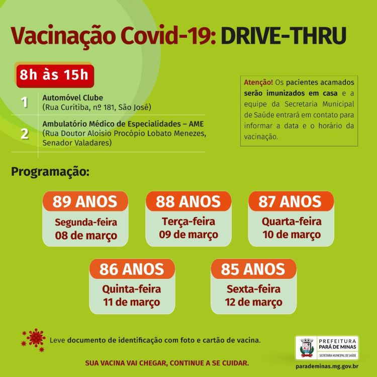 Idosos de Pará de Minas com idade entre 85 e 89 serão vacinados na próxima semana no sistema drive-thru