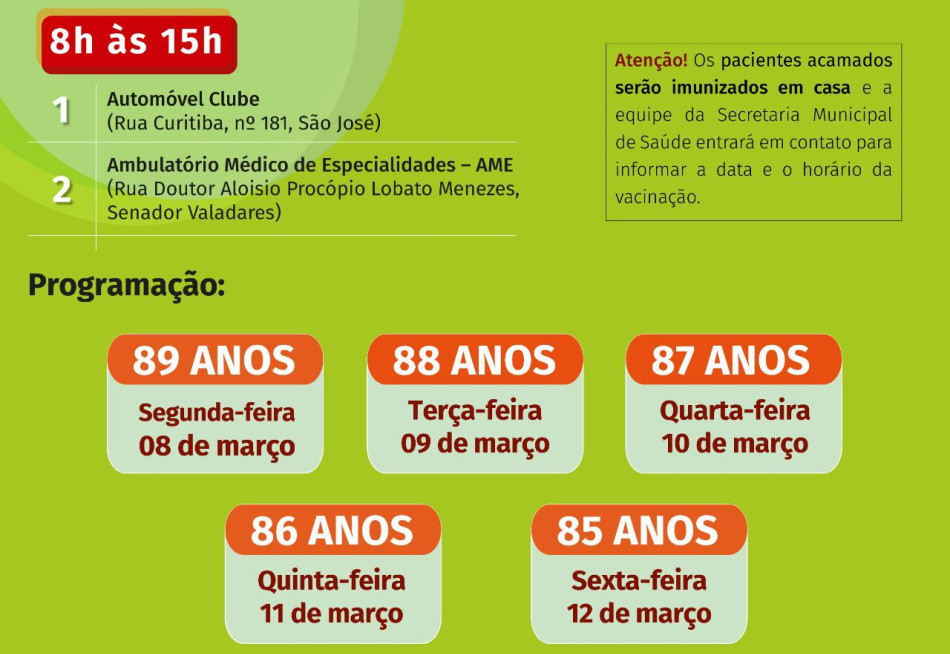 Idosos de Pará de Minas com idade entre 85 e 89 serão vacinados na próxima semana no sistema drive-thru