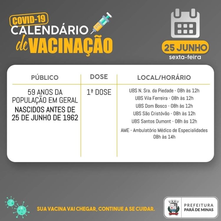 População geral por ordem decrescente de idade começa a ser vacinada nesta sexta-feira em Pará de Minas contra a Covid-19